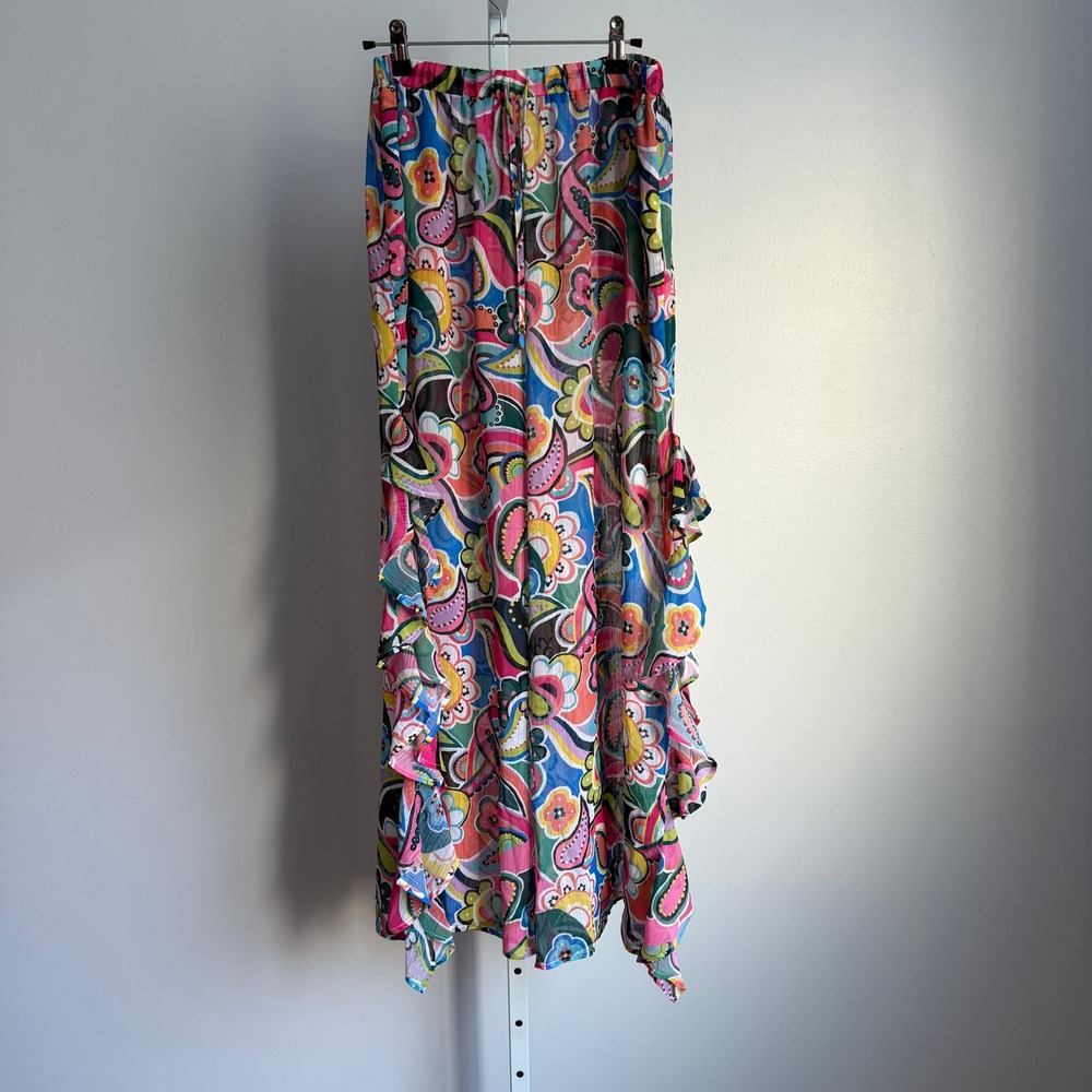 Bleu‎ Rod Beattie sheer paisley ruffle wearable Art drawstring pants sz S